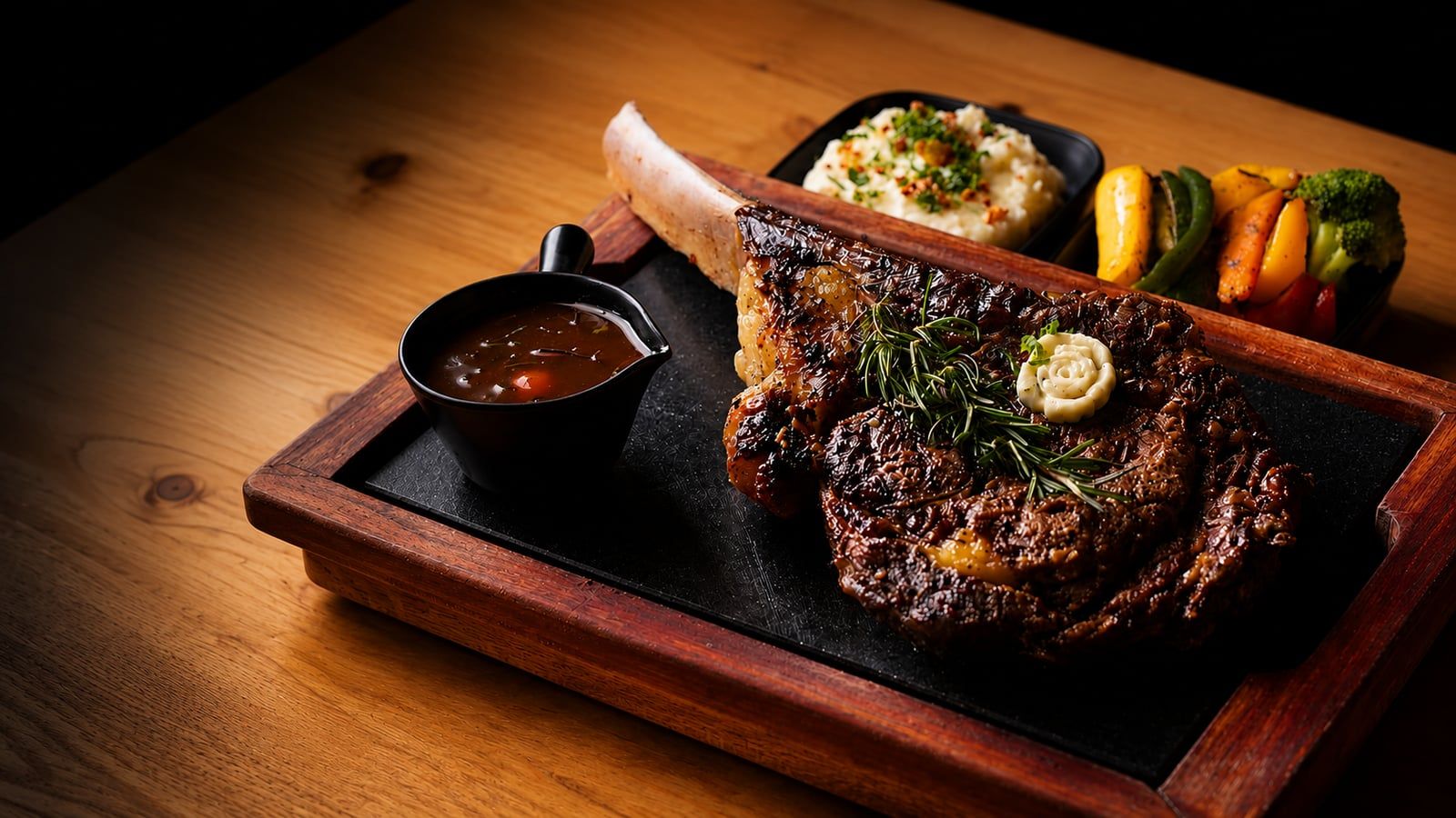 Char-grilled tomahawk steak with mashed potatoes, grilled vegetables and gravy at Goldman's Steakhouse